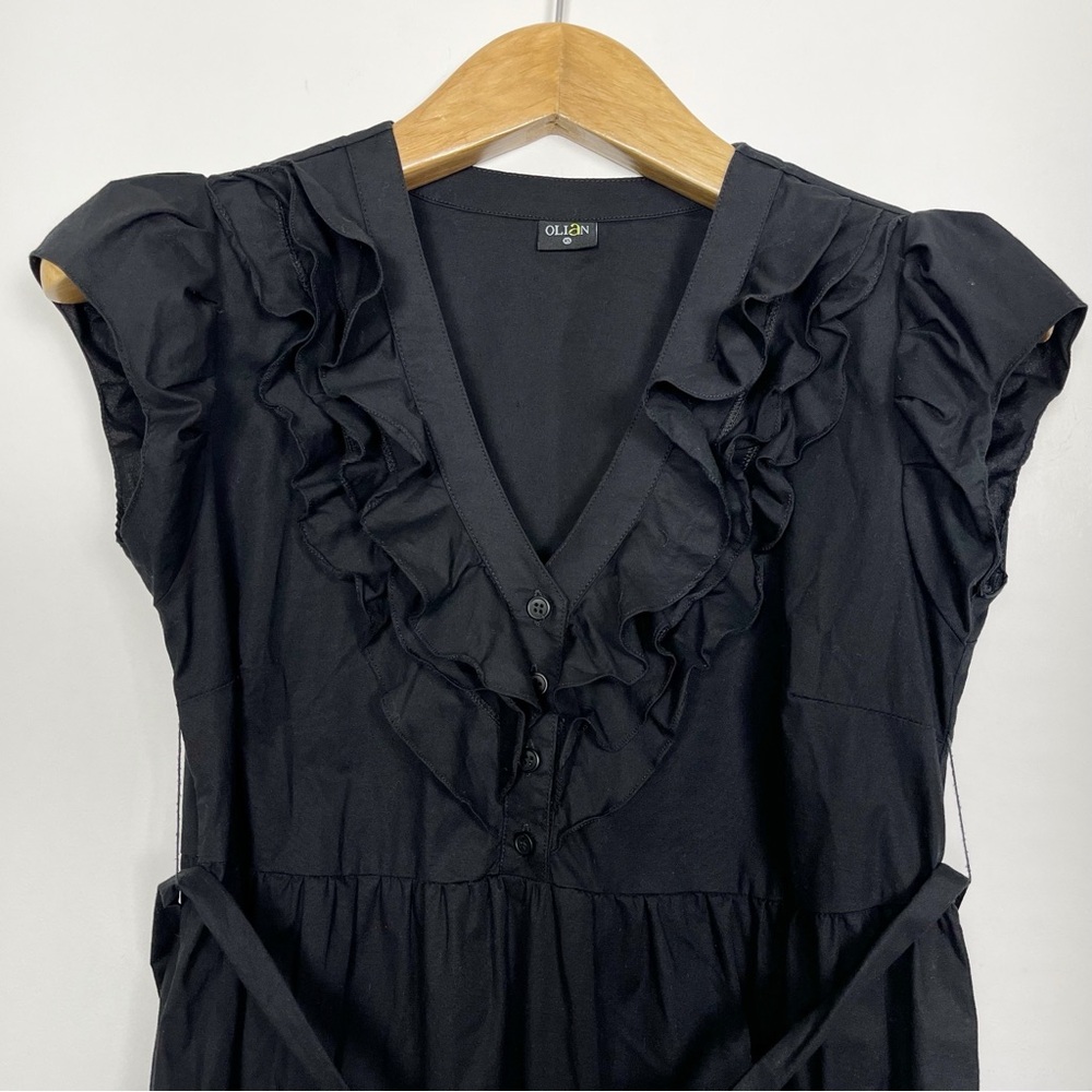 Olian Waist Defined Black Ruffled Midi Sundress Short Sleeve Size XS Belt